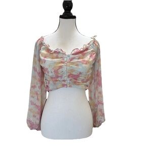 Privy Crop Top SZ L Pink Blue Long Sleeve Smocked Sheer Hook Eye Coquette Y2K